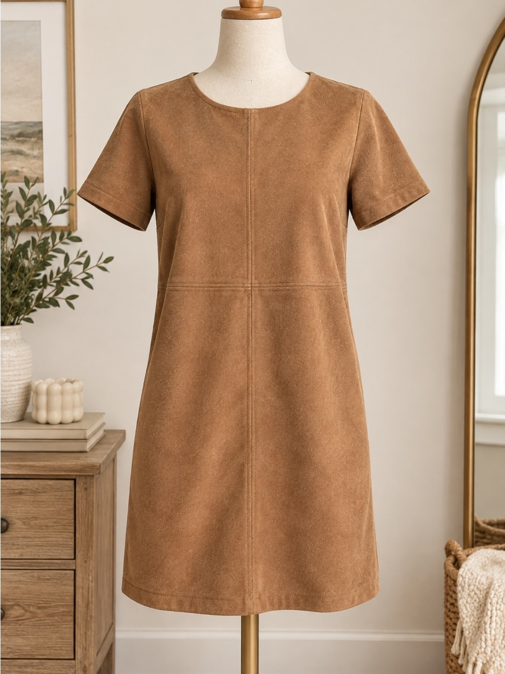 Primark Women's Short-Sleeve Suede Shift Dress in Tan